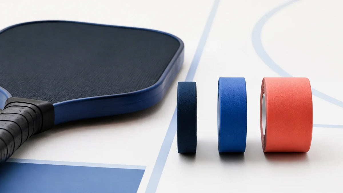 Three unbranded pickleball paddle edge tape widths aligned against measured paddle edge profiles