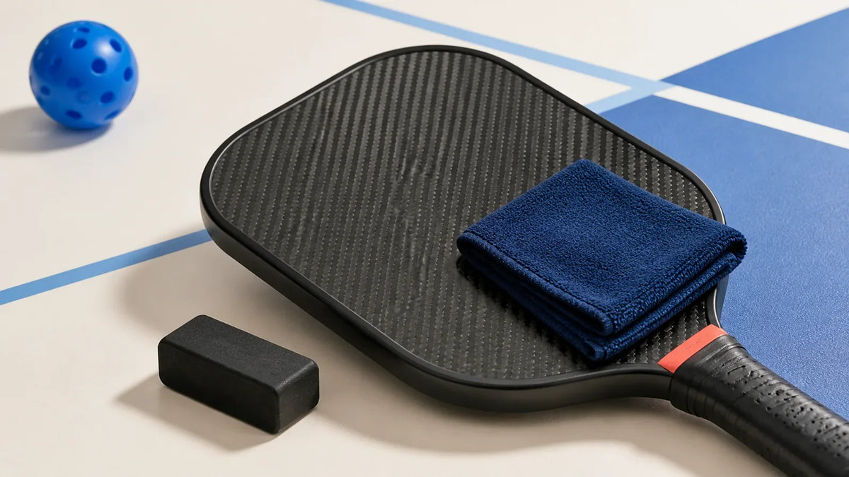 Unbranded carbon pickleball paddle with a microfiber cloth and plain rubber cleaning block